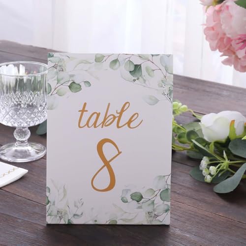 Efavormart 25 Pack White Green Double Sided Paper Wedding Table Numbers with Eucalyptus Leaves and Gold Foil Numbers Print, 7' Free Standing Table Sign Cards 1-25