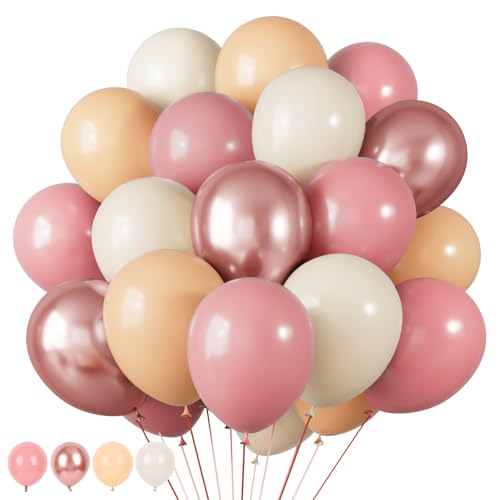Image of RUBFAC 65pcs 12 Inches Retro Pink Balloons Metallic Blush Rose Gold White Sand Nude Party Balloons with Ribbons for Birthday, Wedding, Baby Shower, Graduation Decorations