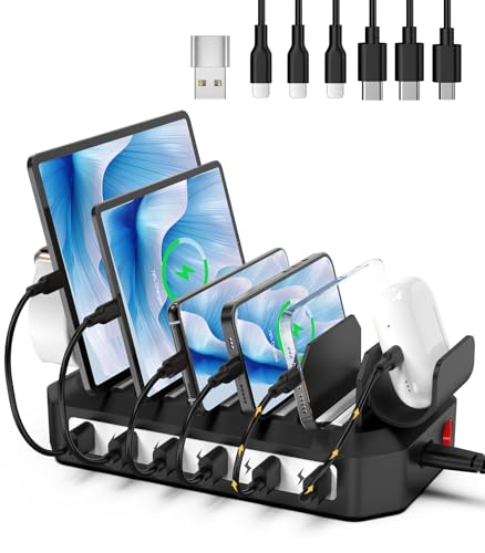 60W 6 in 1 Charging Station for Multiple Devices?Safe Certified Safer Charging? 6 Ports Charging Dock Organizer w/ 6 Cables &2 Stands for Cellphone,Tablet, Kindle, Apple Watch and Other Electronic