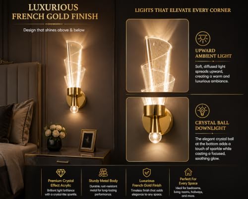 Image of FILLISKA Luxurious Acrylic Crystal Wall Lamp with Adjustable Colour Changing Function, Elegant Finish (Acrylic FrenchGold-105)