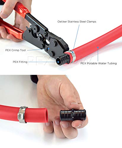 Pexflow PXKT30012 Pex Starter Kit - Crimper & Cutter Tools, 1/2-In Brass Elbow & Coupling Fittings, 1/2-In Stainless Steel Cinch Clamp, 1/2-In Half Clamp, 1/2-In X 300ft PEX Tubing (1 Red + 1 Blue)