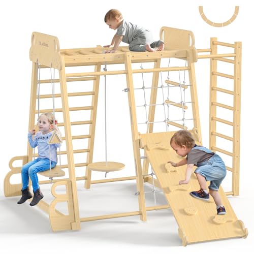 Upgraded Indoor Jungle Gym 9-in-1 Playground Kids Climbing Toys, Montessori Philosophy Waldorf Style Wooden Climber Playset with Slide, Swing, Monkey Bars, Upright/Rope Ladder, Climb Net, Natural Wood