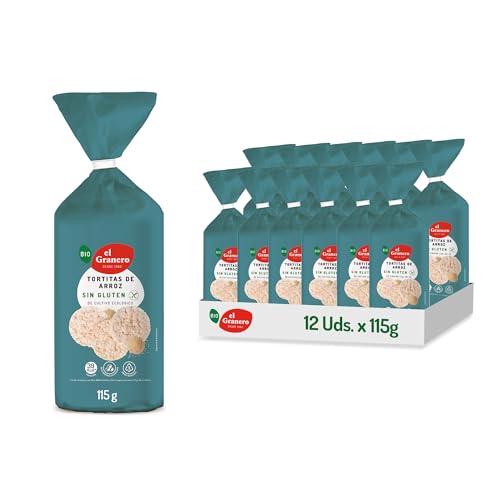 El Granero integral - Pack de 12 Unidades de 115 g de Tortitas Ecológicas de Arroz Integral - Sin Azúcar Añadido y Sin Gluten - Fuente de Hidratos de Carbono - Aptas para Veganos