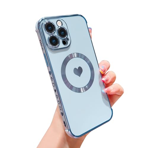L-FADNUT Magnetic Case for iPhone 13 Pro Max Girly Cute Plating Heart,Blue