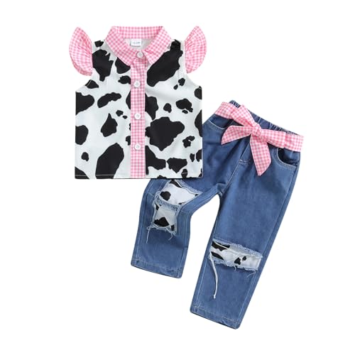 Emmababy Western Toddler Denim Outfit Cow Print Plaid Shirt Ruffle Sleeve Button Down Tops Ripped Jeans Baby Girl Pants Set (Pink, 2-3T)