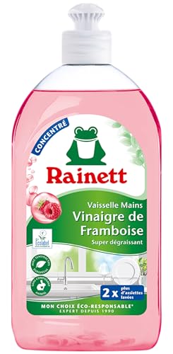 RAINETT - Liquide Vaisselle Mains au Vinaigre de Framboise - Formule Concentrée Super-Dégraissante - Testé Dermatologiquement - Flacon Recyclé & Recyclable - Ecolabel - Format Compact - 500 ml