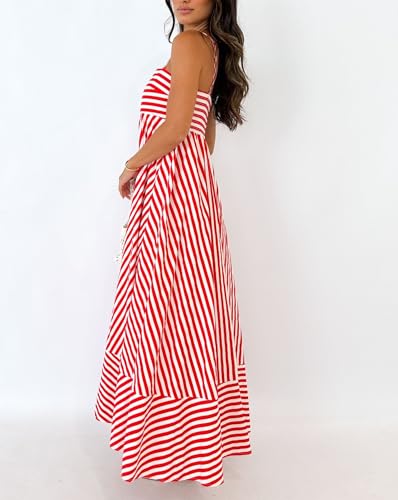 Image of KMBANGI Women Striped Sleeveless Maxi Dress Swing Patchwork Midi Dress Smocked Spaghetti Strap Colorful Long Sundress