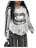 SHENHE Women's Hip Hop Striped Graphic Sweatshirt Crew Neck Raglan Long Sleeve Loose Pullovers Grey Medium
