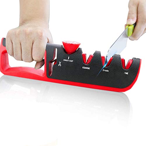 Upgrated Kitchen Knife Sharpener, 4 in 1 Manual Knife Sharpening Tool Adjustable Angle Manual Knife Sharpener with Diamond Coated, Tungsten Steel and Ceramic, Chef's Best Choice Sharpener