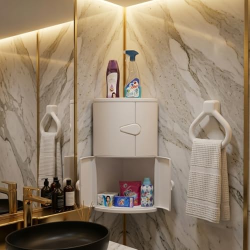 Image of CIPLA PLAST Double Door Corner Shelf for Bathroom | Bathroom Corner Cabinet with Door | Bathroom Cabinet Without Mirror | Storage Organizer | BRC-704 | with Towel Ring