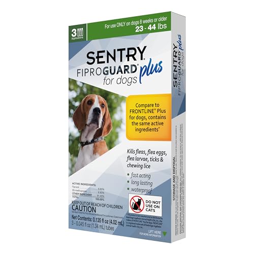 Sentry Fiproguard Plus for Dogs, Flea and Tick Prevention for Dogs (23-44 Pounds), Includes 3 Month Supply of Topical Flea Treatments