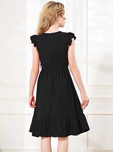 RETSUGO Girls Dresses Ruffle Sleeve Dress Flutter Hem A-Line Swing Pleated Tiered Casual Solid Color Party Dress 6-14 Years2