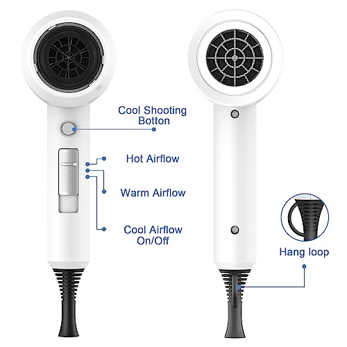 Image of Slopehill Professional Ionic Hair Dryer, Powerful 1800W Fast Drying Low Noise Blow Dryer with 2 Concentrator Nozzle 1 Diffuser Attachments for Home Salon Travel (White)
