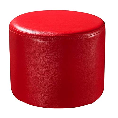 Puf otomano redondo tapizado de cuero rojo de madera maciza para sala de estar, mesa de centro, banco pequeño, 29 x 29 x 30 cm