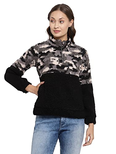 Image of Juelle Women Textured Black High Neck Fleece Sweatshirt