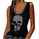 Komiseup ärmelloses Sommer Tops Damen Trendige Totenkopf Strass Muster Oberteile Modisch Pailletten Glitzer Tank Top Locker Shirt Bluse Tunika Top