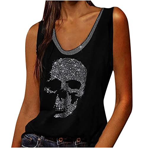 Komiseup ärmelloses Sommer Tops Damen Trendige Totenkopf Strass Muster Oberteile Modisch Pailletten Glitzer Tank Top Locker Shirt Bluse Tunika Top Cover