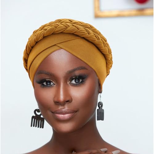 Image of DRESHOW African Women Turban Caps Beanie Twist Headscarf Pre-Tied Double Twisted Braid Hair Cover Wrap Hat Chemo Cancer Cap