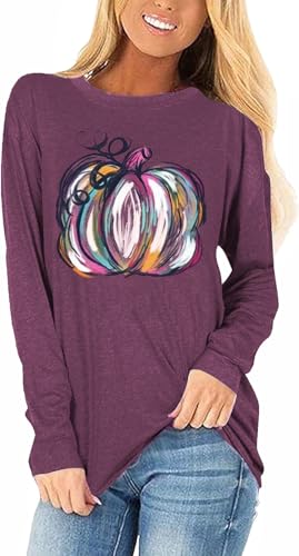 Womens Fall Shirts Halloween Long Sleeve Leopard Pumpkin T-Shirts Casual Thanksgiving Graphic Tee Tops