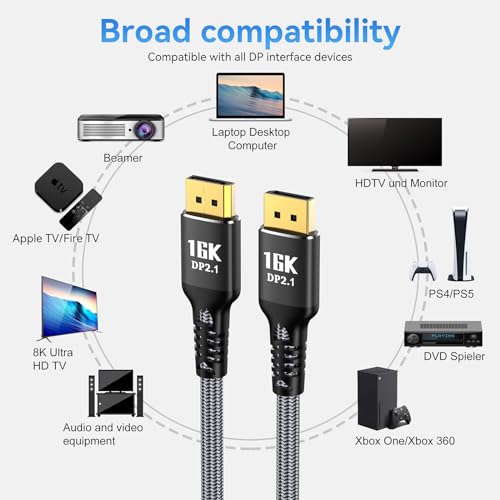 Angusplay DisplayPort Cable 2.1 10FT, 16K Display Port 2.1 2.0 Cable [16K 60Hz, 8K 120Hz, 4K 240Hz 165Hz 144Hz, 80Gbps HDR10 HDCP DSC 1.2a] Braided DP 2.1 Cord for FreeSync G-Sync Gaming Monitor