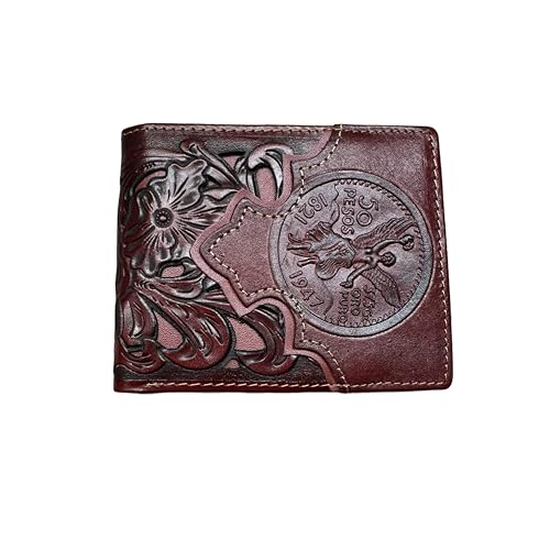 Urbalabs Mens Western Wallet Floral Cutout Layered Maroon Coffee Leather Mexican 50 Peso Design Bifold Style Cowboy Hand Crafted High End Mens Wallets Leather Bull Rider Rodeo Gifts For Men