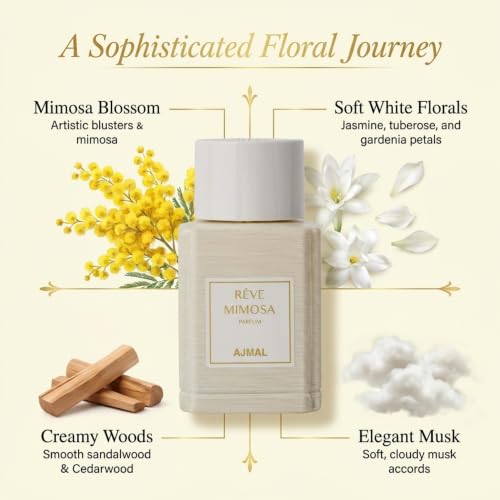 Image of Ajmal Oud Marquis Reve Mimosa Eau de Parfum for Women, 3.4 fl oz | Dreamy mimosa-floral women's EDP by Ajmal. Feminine, luminous, long-lasting. Crafted in Dubai, made in France.
