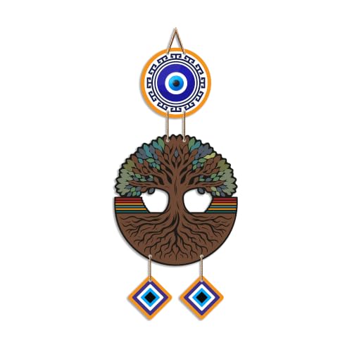 Image of Artvibes Wooden Style Tree of Life Evil Eye Wall Decor for Main Door Entrance | Nazar Suraksha Hanging for Home Office Living Room | Good Luck Decorative Gift (WH 85123N)