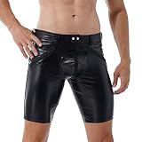 renvena Black Mens Faux Leather Boxer Shorts Zipper Bulge Pouch Pants Hip Hop Clubwear Shorts Black