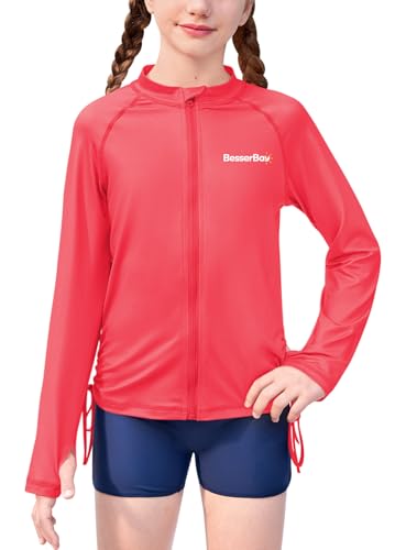 Image of BesserBay Girls Rash Guard UPF 50+ Zip Up Raglan Long Sleeve Adjustable Drawstring Swim UV Jacket 4-14 Years