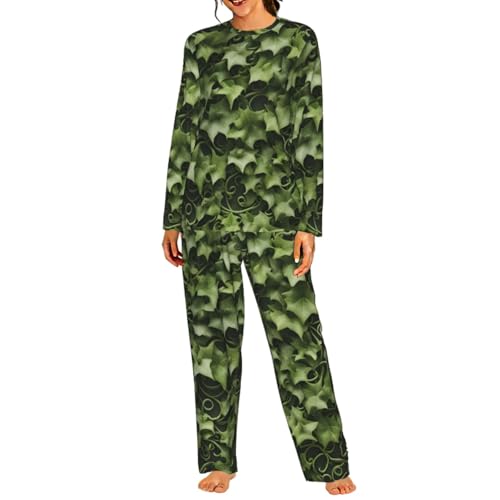 Pyjama long femme à motif tourbillons floraux lierre en maille douce