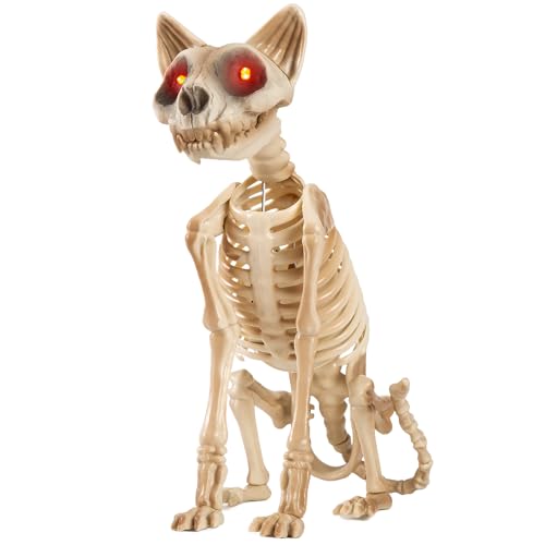 Halloween Animatronics 15 Skeleton Cat Realistic Skull Animal Bones Decor with Sound Activation Creepy Sound Move Jaw Light Up Eyes Haunted Spooky Horror Prop for Indoor Outdoor