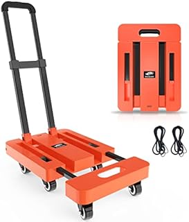 SOLEJAZZ Folding Hand Truck Dolly, Portable Dolly for Moving, 500LB Luggage Cart Dolly with 6 Wheels & 2 Bungee Cords for Luggage, Travel, Moving, Shopping, Office Use, Orange