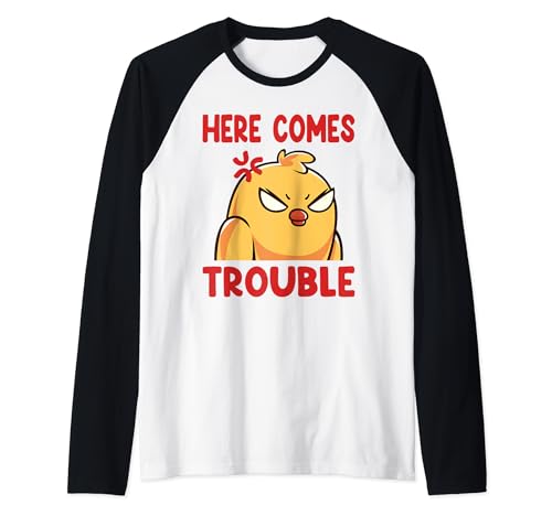 Funny Here Comes Trouble Angry Kawaii Bird Manche Raglan