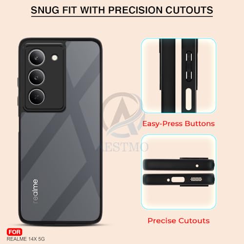 Image of AESTMO Realme 14X 5G Back Cover | 360 Protection | Crystal Clear Hard Back Transparent | Bumper Case for Realme 14X 5G (PC+TPU, Black Bumper)