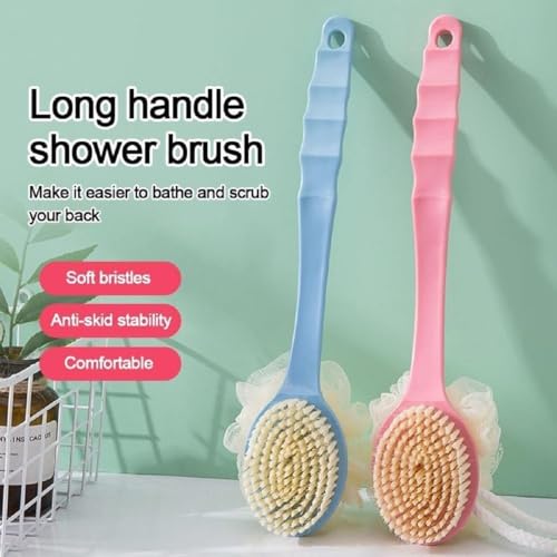 Image of 2-in-1 Loofah & Bristle Bath Brush - Curved Back Scrubber with Long Handle for Body Cleaning (Multicolour Mix)