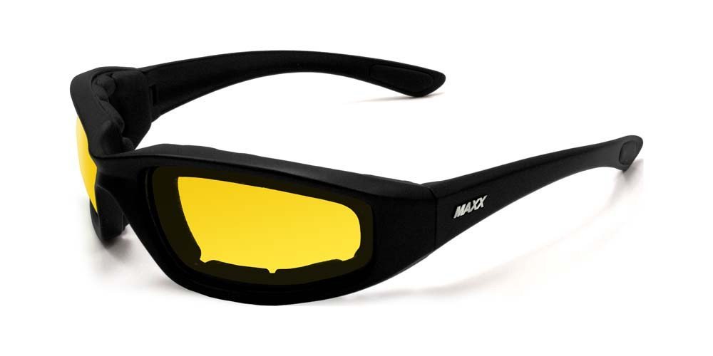 Maxx Foam Padded Motorcycle Riding Sunglasses TR90 Black Frame w HD Yellow Lens