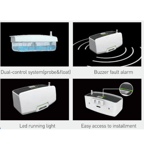 WIPCOOL P36 Condensate Pump showing dual-control system, buzzer fault alarm, LED running light, and easy access for installation.