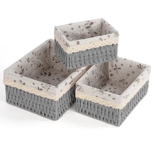 Otauoaea Panier Rangement avec Doublure, Lot de 3 Panier Osier Corbeille Osier Panier de Rangement Salle de Bain Paniers pour Etagères Corbeille Rangement...