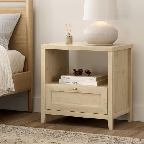 Image of EYYTHUNG Wooden Nightstands with Drawer Modern 24 inch Wide End Table Night Stand Large Farmhouse Bedside Table with Open Shelf Mid Century Night Stands for Sofa, Light Oak