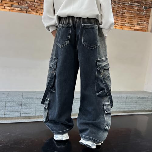 Boys Cargo Denim Pants Straight Wide Leg Vintage Baggy Streetwear Jeans Elastic Waisted Cool Multi Pockets Trousers4