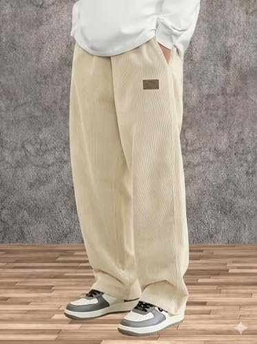 Image of Zombom Men's Comfortable Baggy Corduroy Pants | Relaxed Fit Stretch Waist Trousers for Everyday Wear | Casual Trouser for Man