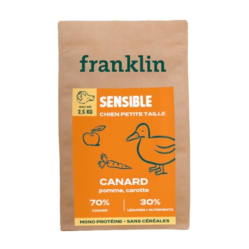Franklin – Croquettes Chien sans Céréales – Gamme Protéinée – avec 70% de Canard – Mono-protéine – Digestion Facile – Taille 8mm – 2,5 kg