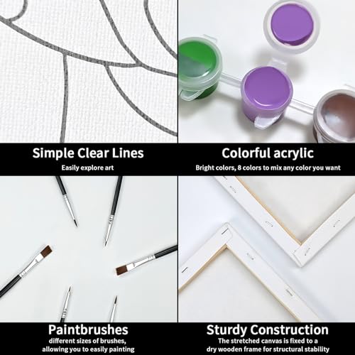 VOCHIC 8 Pack Pre Drawn Canvas for Painting for Adults, Artist Beginner Favor, Sip and Paint Party Supplies Canvas Painting Set, Stretched Outline Canvas with Acrylic, Brush, Pallet(8x10) - Thumbnail 4