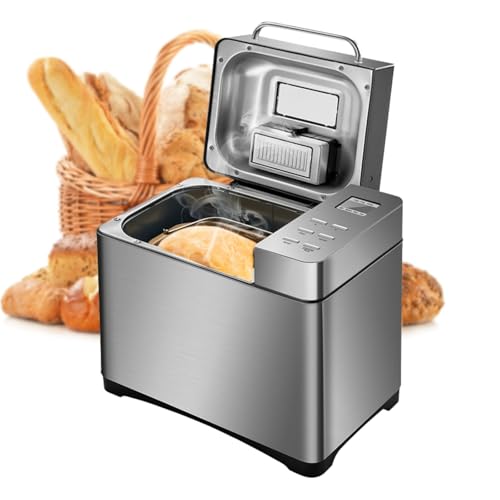 Konfiur 650W Brotbackautomat, Brotbackmaschine mit Frucht-Nuss-Spender und Timber, Edelstahl Bread Maker 19 Programme, 34 * 21 * 31cm Rosinen-Nussverteiler und Hefespender, Silber