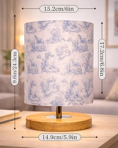 Image of Homesake Small Pine LED Table Lamp-Wooden Bedside Lamp Simple Bedroom Light Linen Shade Mini Desk Lamp Nightstand Lamps for Bedroom, Living Room, Gift, (Clip Printed Shade)