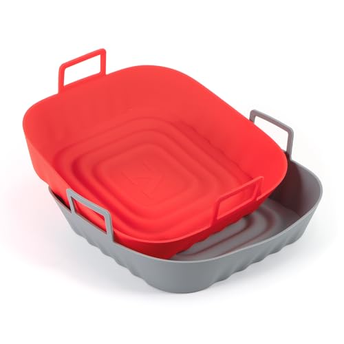 Li&Zhao Silicone Air Fryer Liners Reusable - 2 PCS Square Air Fryer Inserts Air Fryer Accessories 4 to 7 Qt Silicone Liners for Air Fryer Basket(Red & Gray)