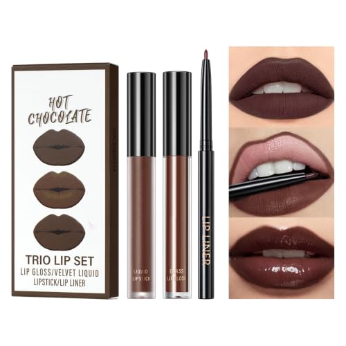 Set de Labios 3 en 1 Chocolate: Pintalabios Mate Permanente, Brillo de Labios Efecto Espejo y Perfilador de Labios, Kit de Maquillaje Retro para Labios Definidos y Voluminosos, Color Marrón Oscuro