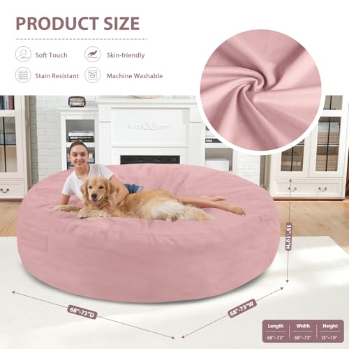 7FT Bean Bag Chair, Large Bean Bag Chairs with Memory Foam Filled, Fluffy Beanbag Sofa with Dutch Velvet Cover, Round BeanBag Chairs for Living Room, Playroom - Light Pink