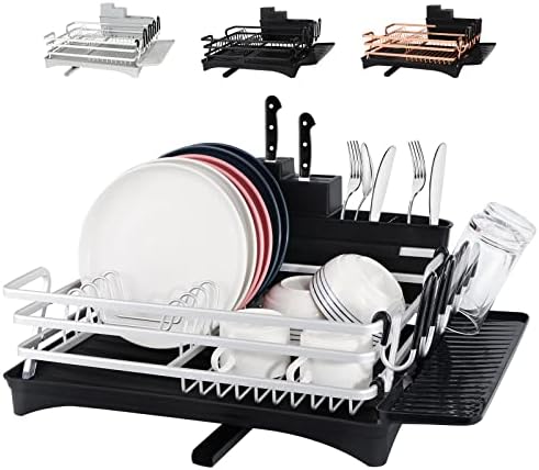 Aluminum Dish Drying Rack, ROTTOGOON Rustproof Dish Rack and Drainboard Set with Drainage, Utensil Holder, Cup Holder, Compact Dish Drainer for Kitchen Counter Cabinet, 16.5"L x 11.8"W, Black & Silver