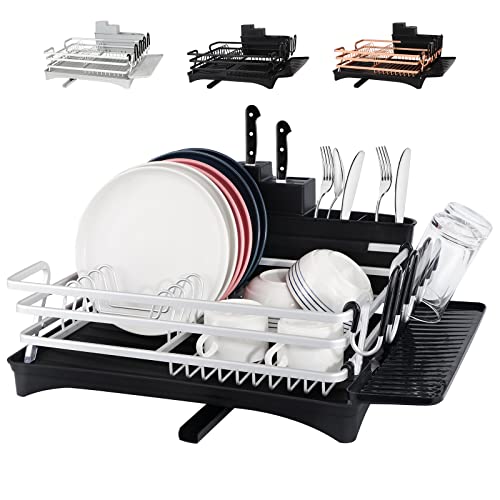 Aluminum Dish Drying Rack, Rottogoon Rustproof Dish Rack And Drainboard Set With Drainage, Utensil Holder, Cup Holder, Compact Dish Drainer For Kitchen Counter Cabinet, 16.5"L X 11.8"W, Black & Silver #TOP7